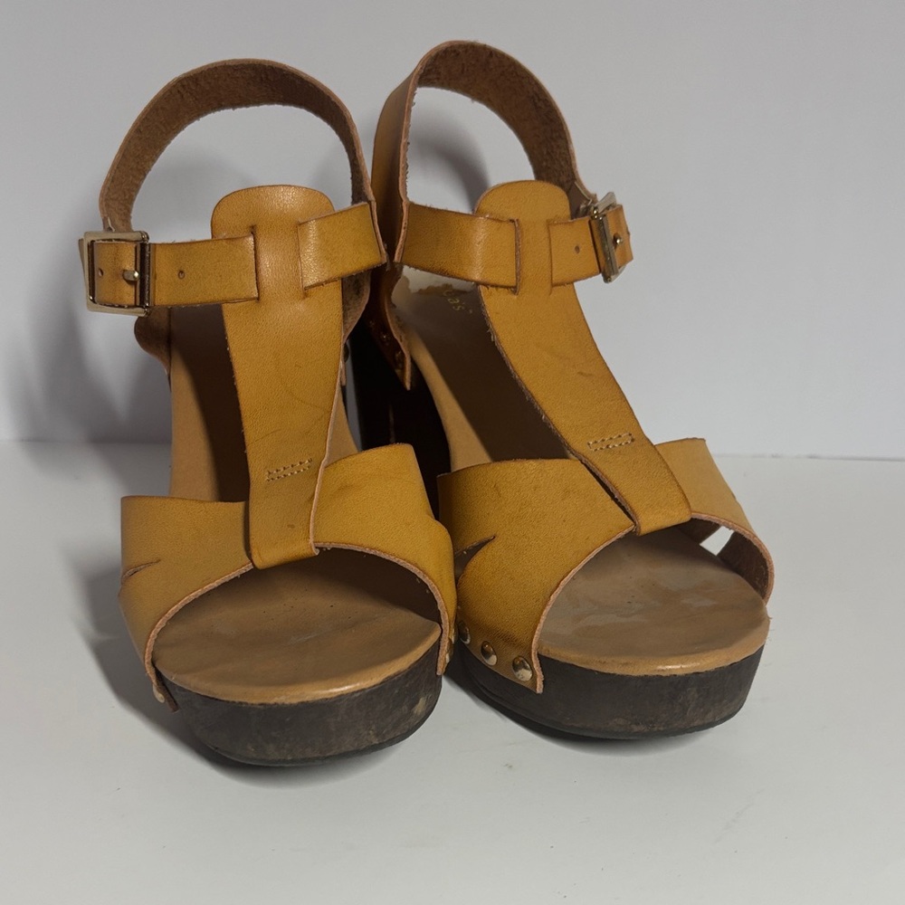 Fransesca Wooden Leather Platform Sandals Cognac Sz 7.5